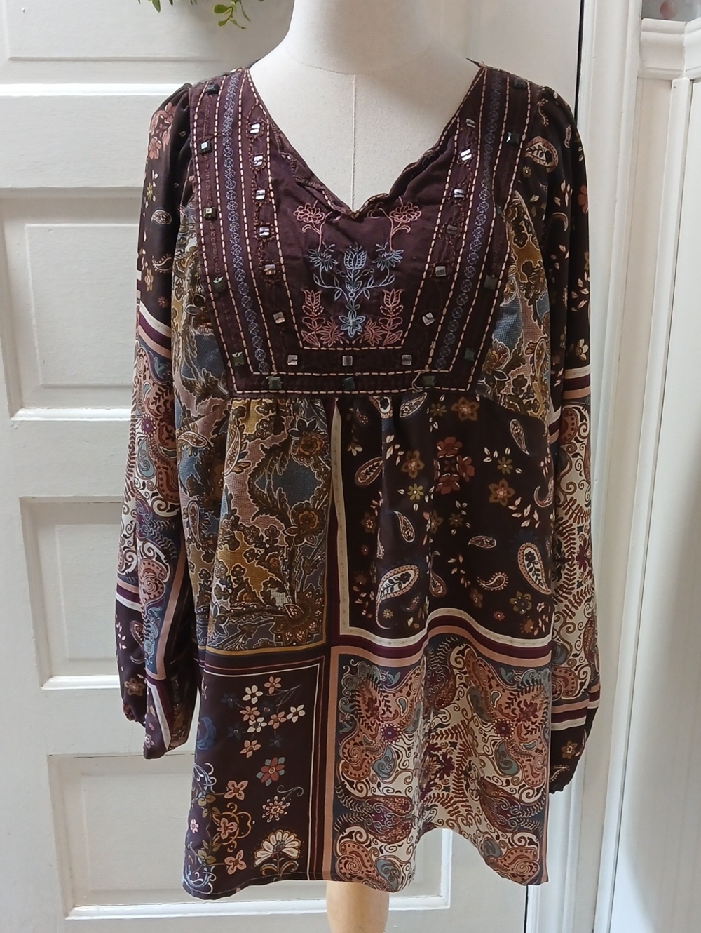 Art And Soul Long-Sleeve Boho Patchwork Dress - Plum